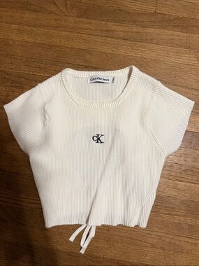 Calvin Klein Jeans Cream Ribbed Crop Top with CK Embroidery